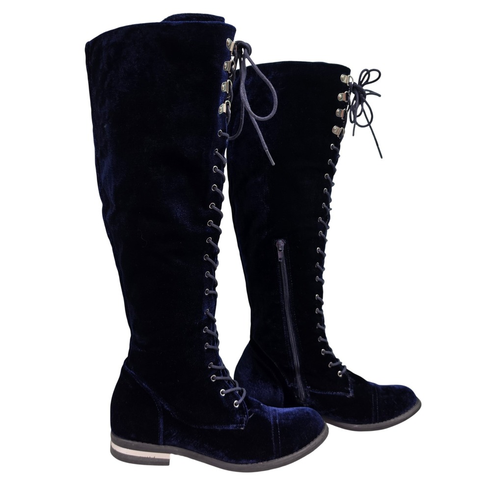 Steampunk Tall Boots Womens 7.5 Blue Jermesha Velvet Lace Up Side Zip Boots